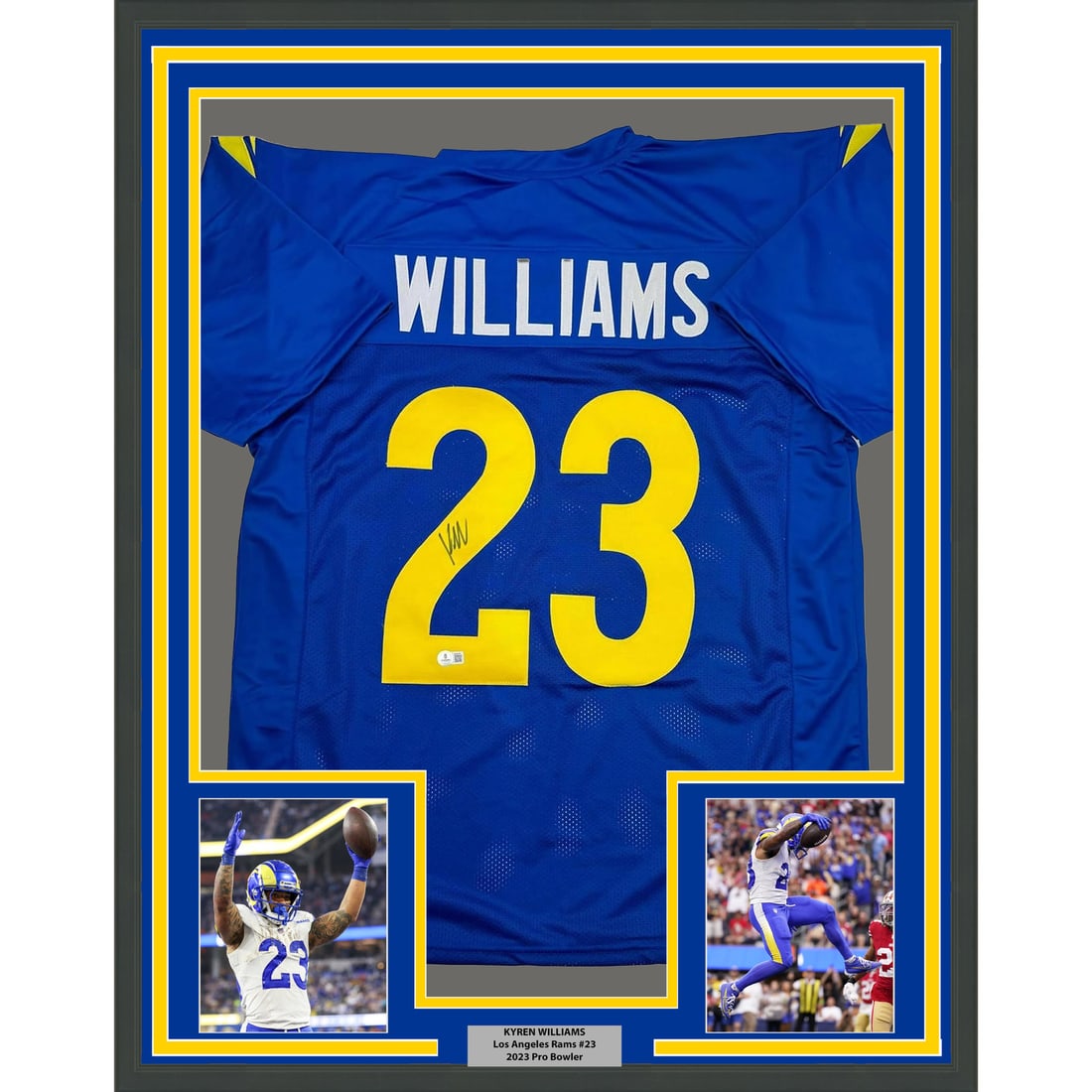 Framed Signed Kyren Williams LA Rams Jersey with Beckett COA 35x39: Framed Signed Kyren Williams LA Rams Jersey with Beckett COA 35x39 Celebrate your fandom with this professionally framed and autographed Kyren Williams Los Angeles Rams jersey. Measuring 35x39 inches,