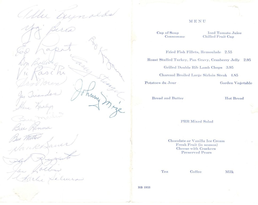 1953 New York Yankees Menu Program Signed Rizzuto Mize Bauer Berra JSA: 1953 New York Yankees Menu Program Signed Rizzuto Mize Bauer Berra JSA This rare piece of New York Yankees memorabilia features the autographs of legendary players Phil Rizzuto, Whitey Ford, Mickey Ma