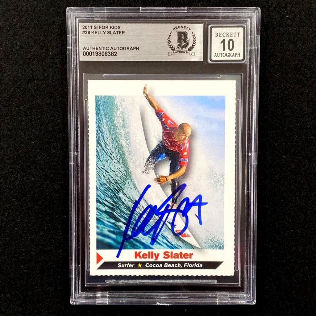 Kelly Slater BAS Autographed Surfing Trading Card 2011 SI For Kids #28: Kelly Slater BAS Autographed Surfing Trading Card 2011 SI For Kids #28 This is an original 2011 SI For Kids #28 sports trading card featuring surfing legend Kelly Slater. The card has been hard signed