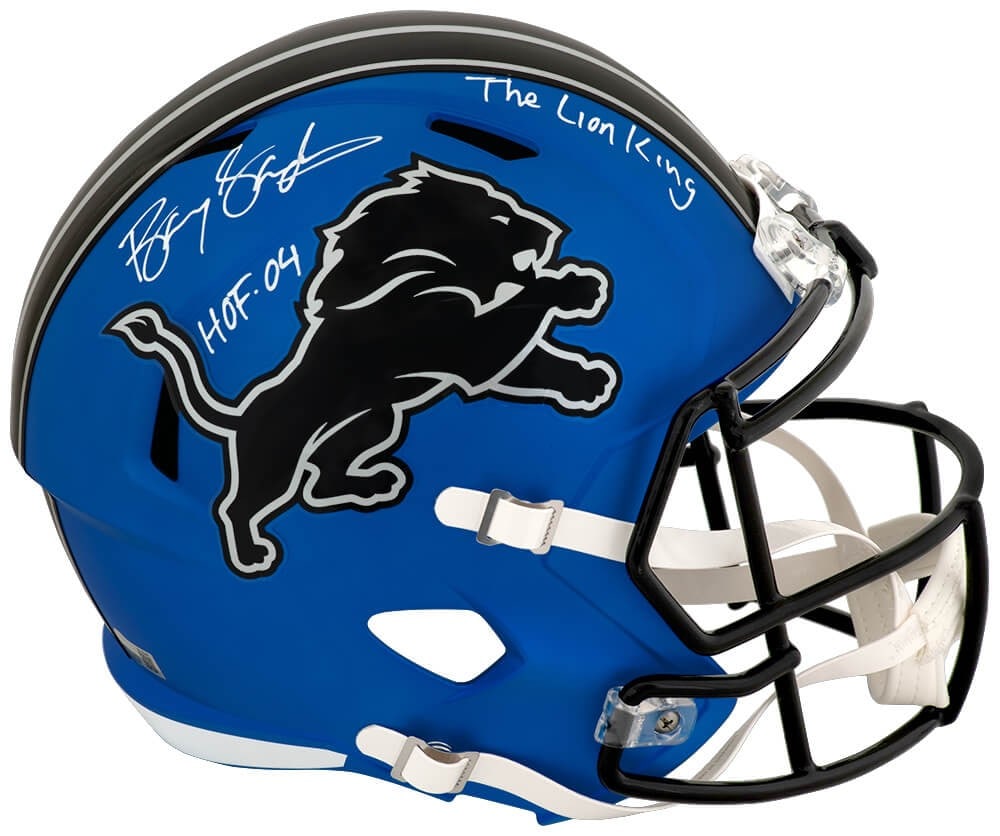 Barry Sanders autographed Detroit Lions 2024 alternate Riddell full size helmet: Barry Sanders autographed Detroit Lions 2024 alternate Riddell full size helmet Pre-owned Riddell full-size Speed replica helmet signed by Barry Sanders and featuring Detroit Lions 2024 alternate blue