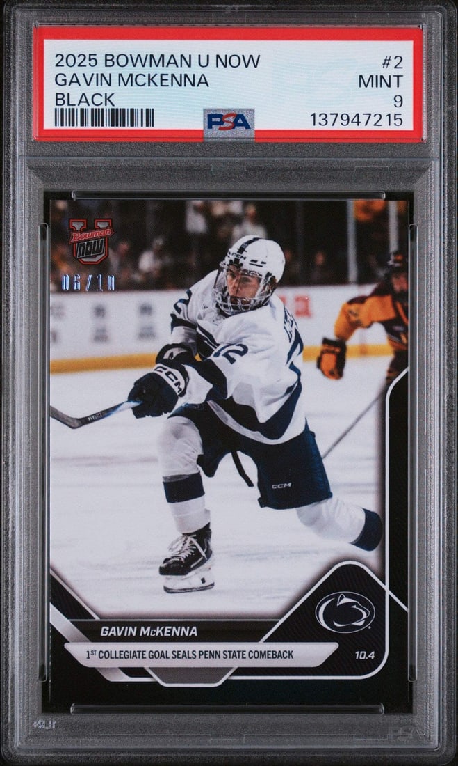 PSA 9 Gavin McKenna 2025 Bowman U Now Black Foil RC Hockey Card Number 2 (1 of 2)