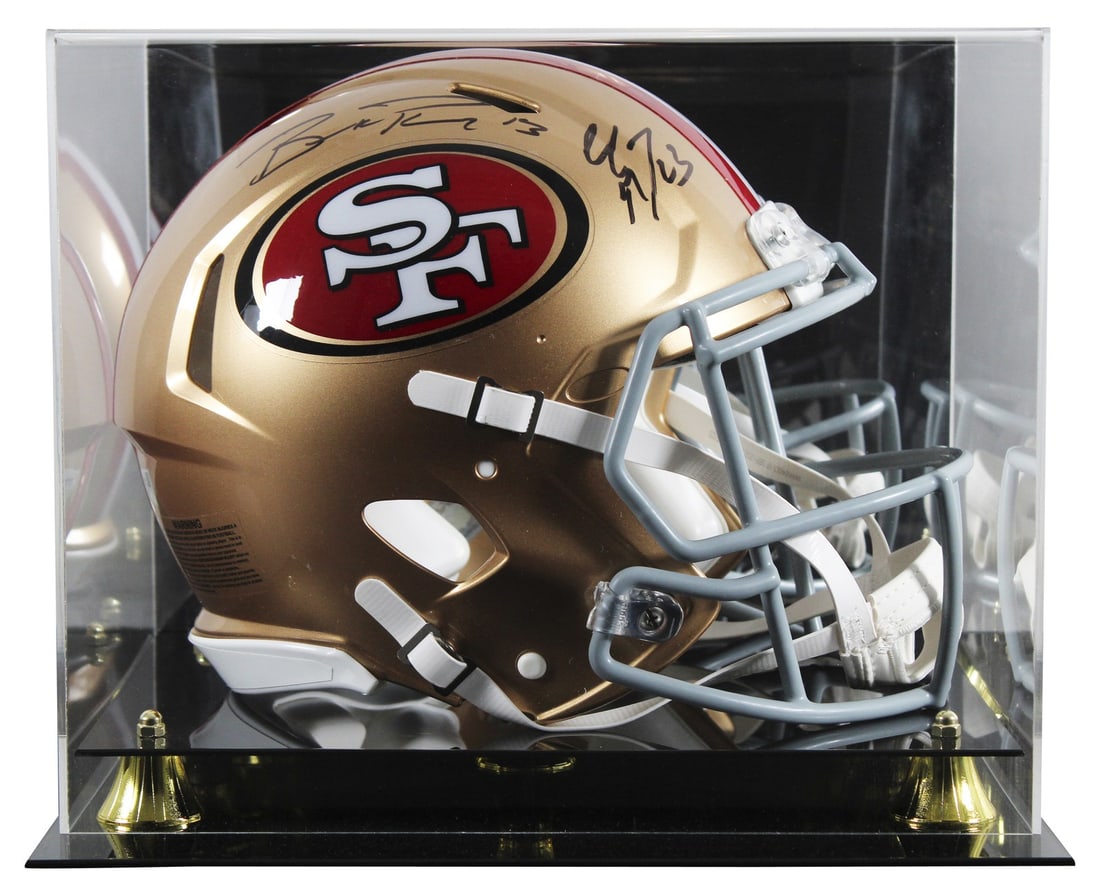 Christian McCaffrey Brock Purdy Signed 49ers F/S Speed Helmet with Case: Christian McCaffrey Brock Purdy Signed 49ers F/S Speed Helmet with Case This original autographed Riddell Full Size Speed Proline Helmet has been personally signed by both Christian McCaffrey and Broc