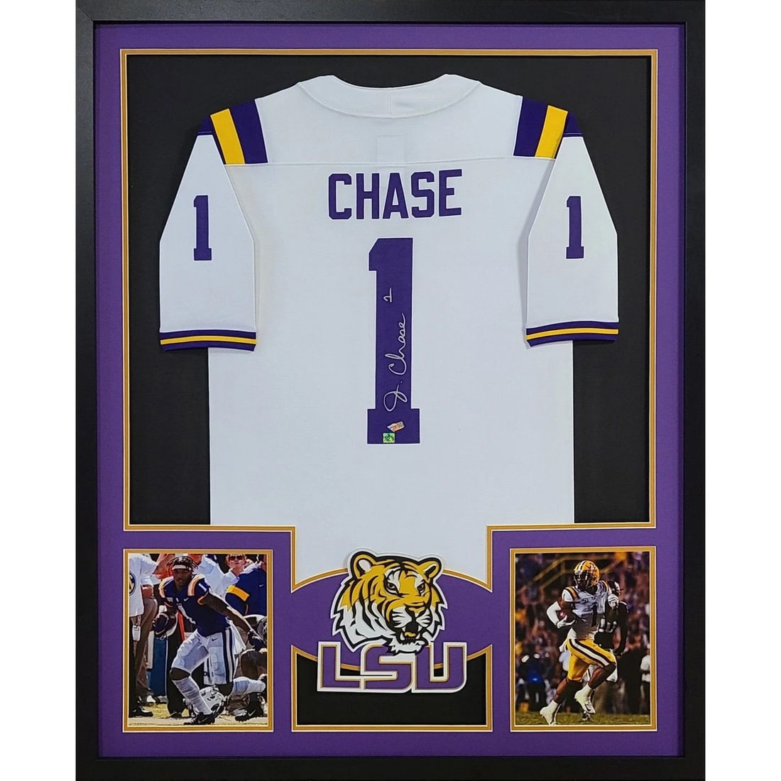 Ja'Marr Chase Autographed Framed LSU Jersey by Fanatics: Ja'Marr Chase Autographed Framed LSU Jersey by Fanatics This autographed framed jersey by Ja'Marr Chase showcases the LSU Tigers, providing a striking tribute to the talented athlete. Authenticated