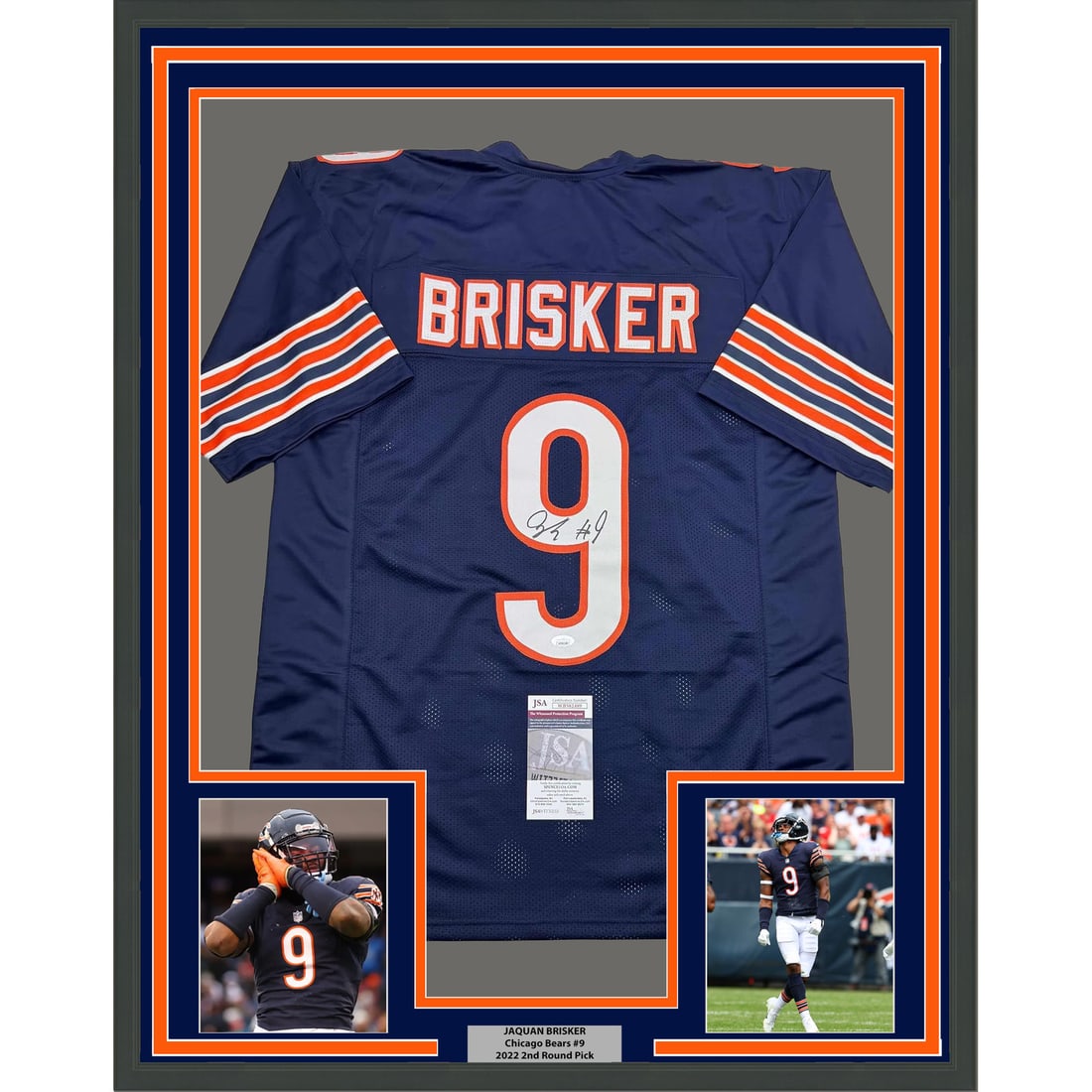 Jaquan Brisker Signed Chicago Bears Blue Jersey 35x39 Framed With JSA COA: Jaquan Brisker Signed Chicago Bears Blue Jersey 35x39 Framed With JSA COA This professionally framed Chicago Bears blue jersey is autographed by Jaquan Brisker and authenticated by James Spence