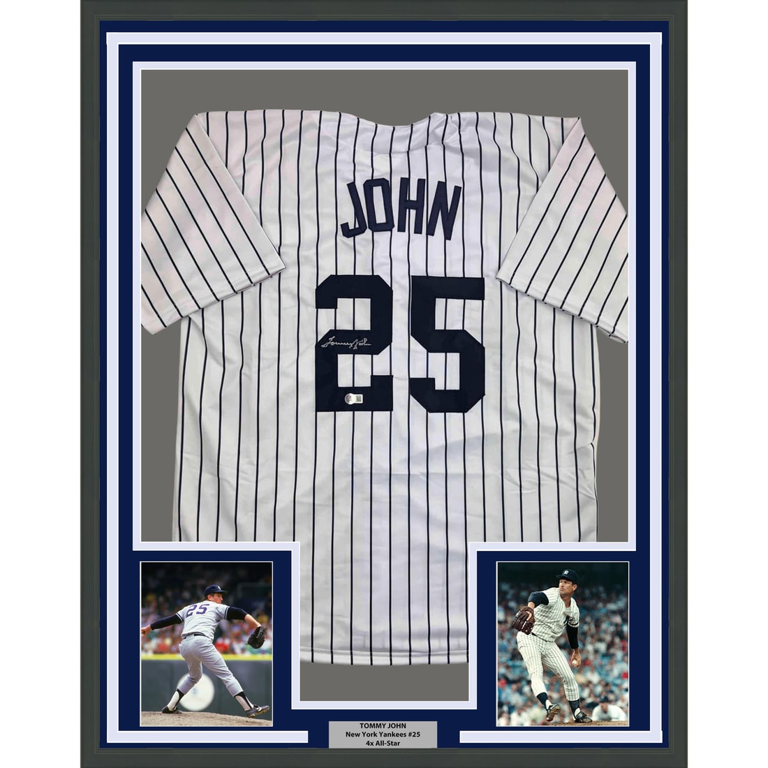 Tommy John Signed Yankees Framed Pinstripe Jersey 35x39 Beckett COA: Tommy John Signed Yankees Framed Pinstripe Jersey 35x39 Beckett COA This professionally framed and matted New York Yankees pinstripe jersey features the authentic autograph of Tommy John. The display 