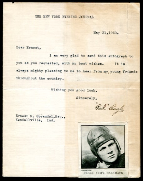 Original Chris Red Cagle Army West Point Signed Typed Letter NCAA Football: Original Chris Red Cagle Army West Point Signed Typed Letter NCAA Football This item is an original typewritten letter signed (TLS) by Chris "Red" Cagle, a notable figure associated with Army West