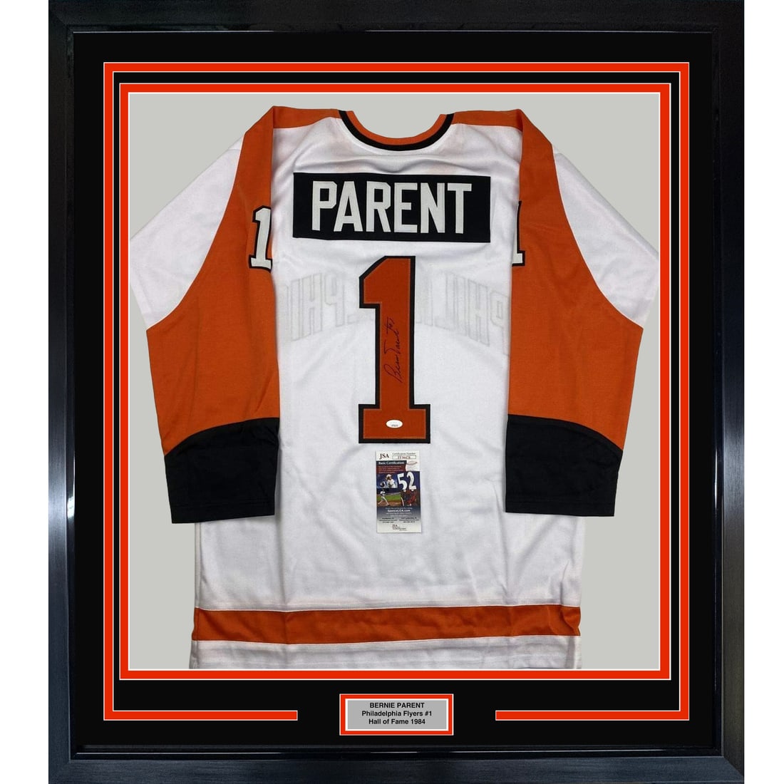 Framed Autographed Bernie Parent Philadelphia Flyers Jersey JSA COA 33x42 (1 of 2)