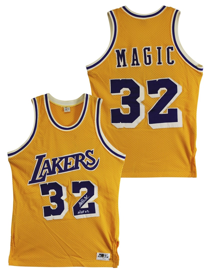 Magic Johnson Signed Lakers Jersey HOF 02 BAS Authentication: Magic Johnson Signed Lakers Jersey HOF 02 BAS Authentication This original, pre-owned yellow vintage MacGregor Sand-Knit jersey features the iconic signature of Magic Johnson, commemorating his induct