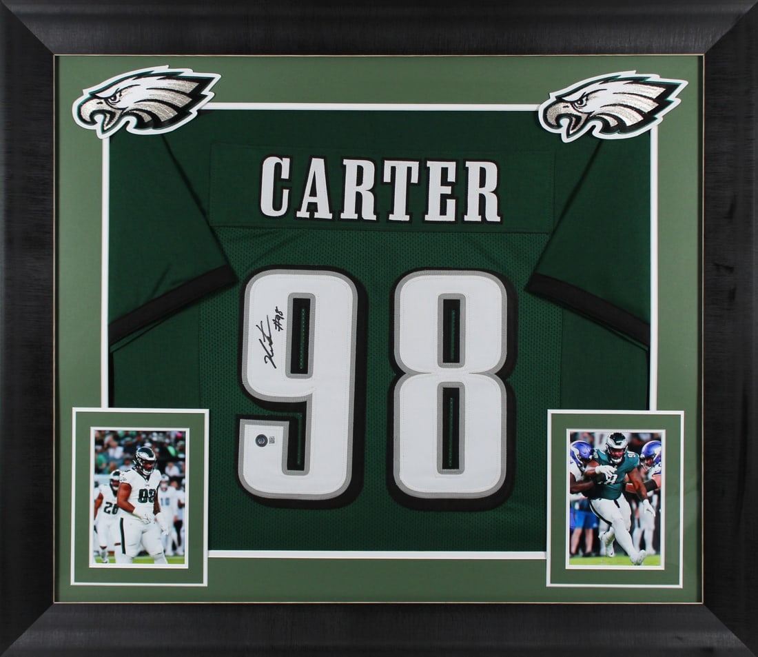 Jalen Carter Signed Philadelphia Eagles Framed Jersey JSA Authenticated: Jalen Carter Signed Philadelphia Eagles Framed Jersey JSA Authenticated This authentic signed green pro style framed jersey features the signature of Jalen Carter from the Philadelphia Eagles. The jer