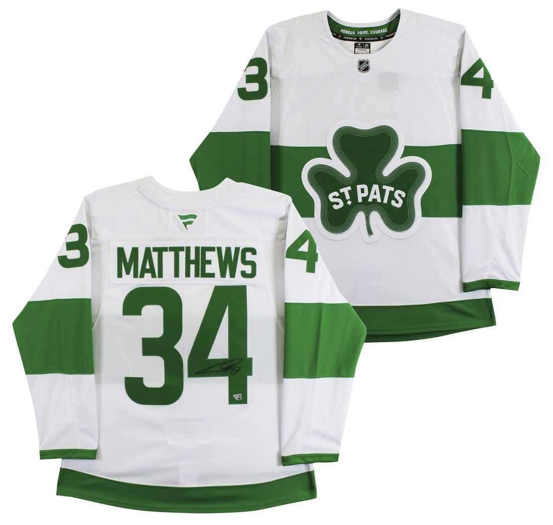 Fanatics authenticated Auston Matthews Shamrock Series white signed jersey: Fanatics authenticated Auston Matthews Shamrock Series white signed jersey Authentic autographed Toronto Maple Leafs Fanatics premium jersey signed by Auston Matthews. It features a fight strap, is wh