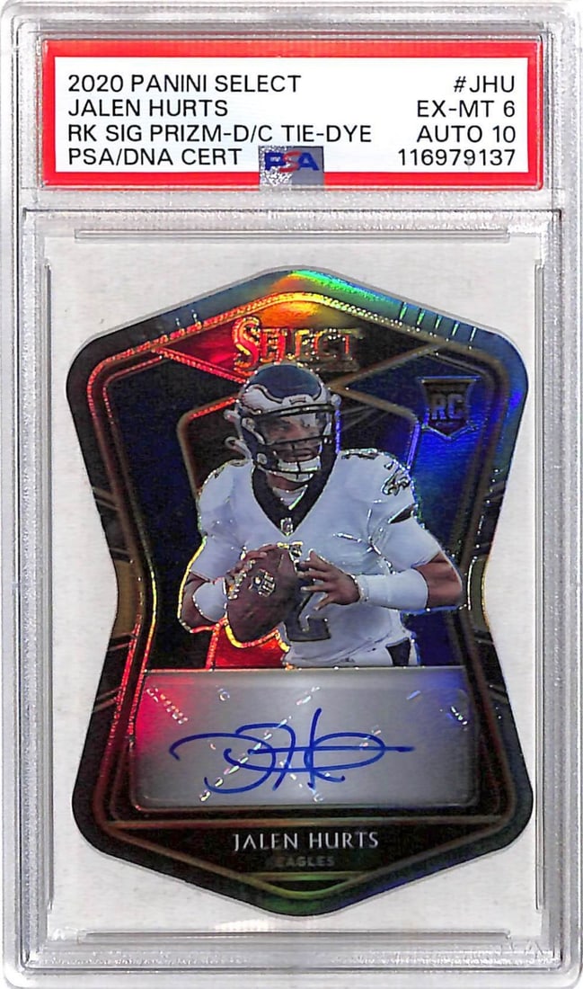 2020 Panini Select Jalen Hurts Rookie Die Cut Prizm Auto Card PSA 6 Auto 10: 2020 Panini Select Jalen Hurts Rookie Die Cut Prizm Auto Card PSA 6 Auto 10 This is a 2020 Panini Select Die-Cut Prizm Rookie Card featuring Jalen Hurts of the Philadelphia Eagles. The card is autogra