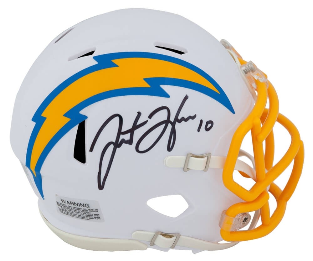 Justin Herbert Signed Chargers Mini Helmet 2020 Riddell with Fanatics COA: Justin Herbert Signed Chargers Mini Helmet 2020 Riddell with Fanatics COA This signed Los Angeles Chargers white 2020 style Riddell Speed mini helmet features the autograph of star quarterback Justin 