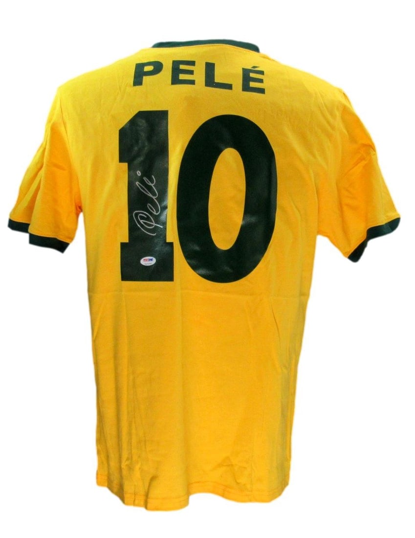 Pele signed custom soccer jersey with PSA DNA COA: Pele signed custom soccer jersey with PSA DNA COA Pre-owned custom CBD soccer jersey signed by Pele. The autograph is authenticated by PSA/DNA and the jersey includes a tamper-proof hologram sticker a