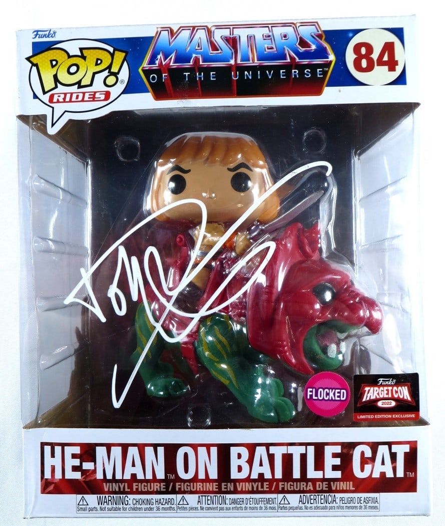 He-Man on Battle Cat Funko POP signed by Dolph Lundgren Beckett authenticated: He-Man on Battle Cat Funko POP signed by Dolph Lundgren Beckett authenticated This collectible Funko POP! figure features He-Man riding Battle Cat and is personally signed by Dolph Lundgren. The autog
