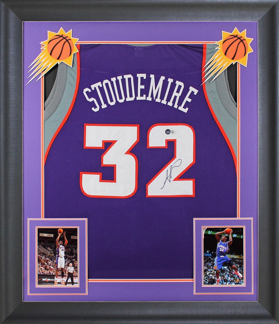 Framed Phoenix Suns Jersey Signed by Amar'e Stoudemire Beckett BAS Witnessed: Framed Phoenix Suns Jersey Signed by Amar'e Stoudemire Beckett BAS Witnessed This autographed purple pro style framed jersey has been personally signed by Amar'e Stoudemire of the Phoenix Suns. It is 