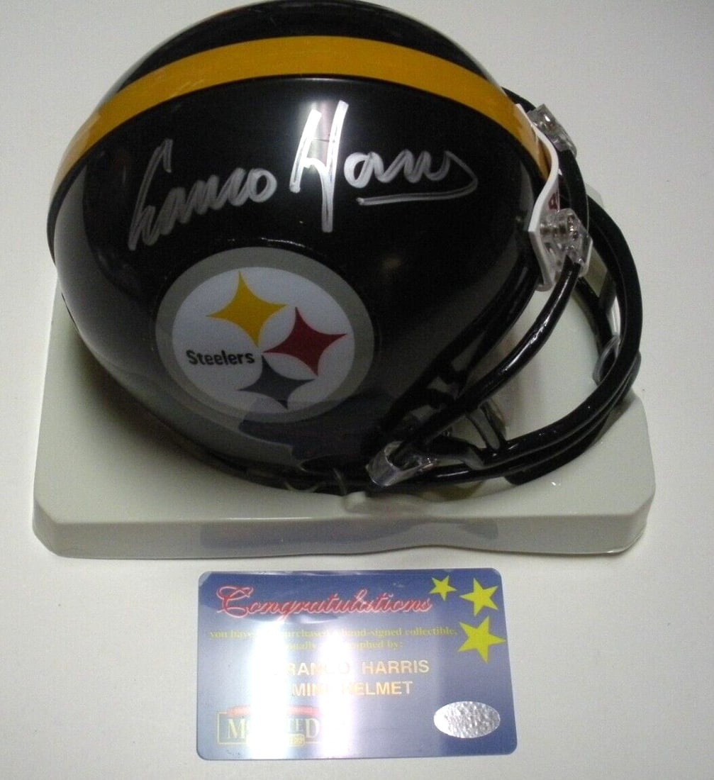 Signed Mini Helmet Franco Harris Autograph Pittsburgh Steelers With COA: Signed Mini Helmet Franco Harris Autograph Pittsburgh Steelers With COA This collectible mini helmet features the autograph of Franco Harris from the Pittsburgh Steelers. It is an original signed item