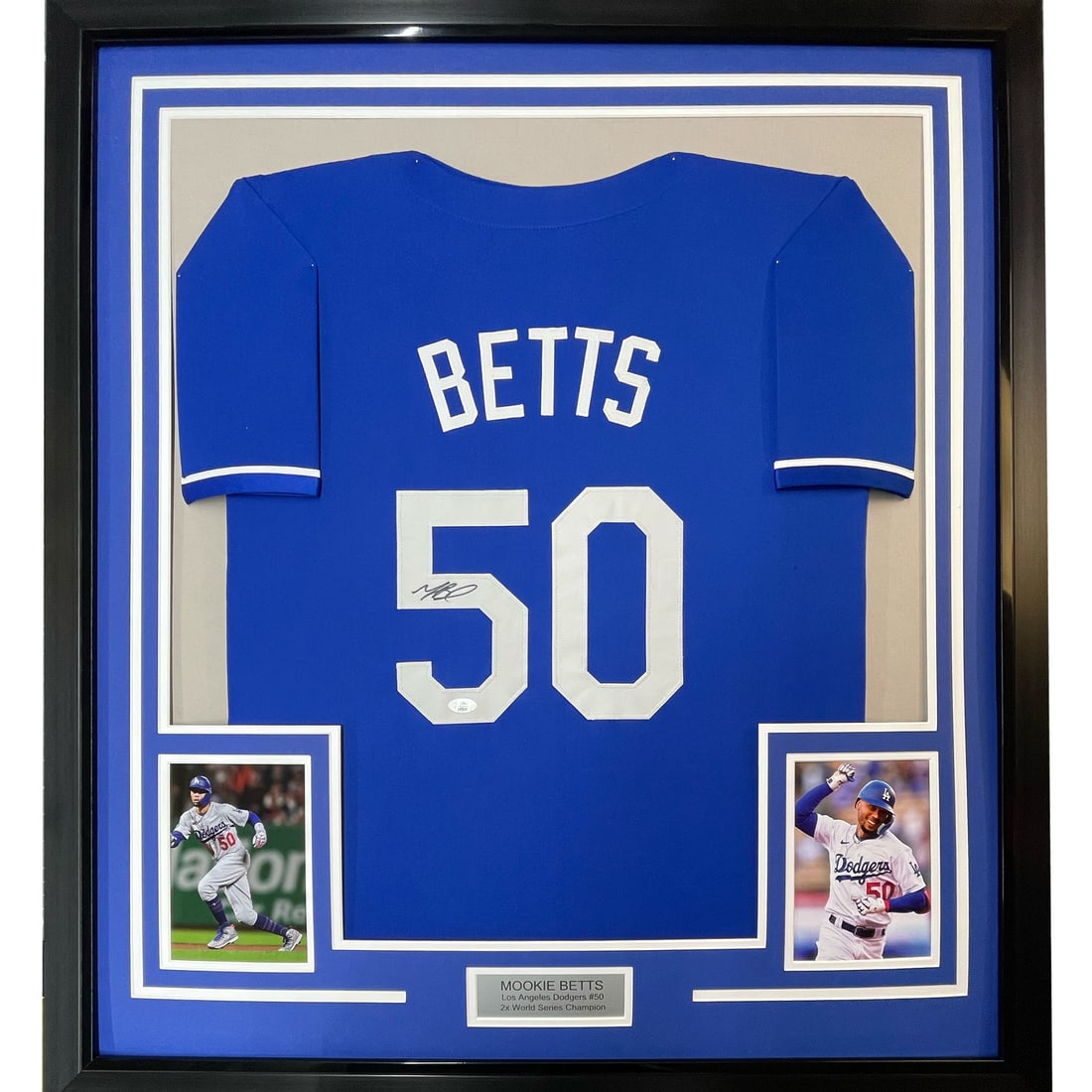 Framed Autographed Mookie Betts Blue Dodgers Jersey with JSA COA: Framed Autographed Mookie Betts Blue Dodgers Jersey with JSA COA Showcase your passion for baseball with this professionally framed autographed Mookie Betts jersey. This authentic Los Angeles Dodgers 