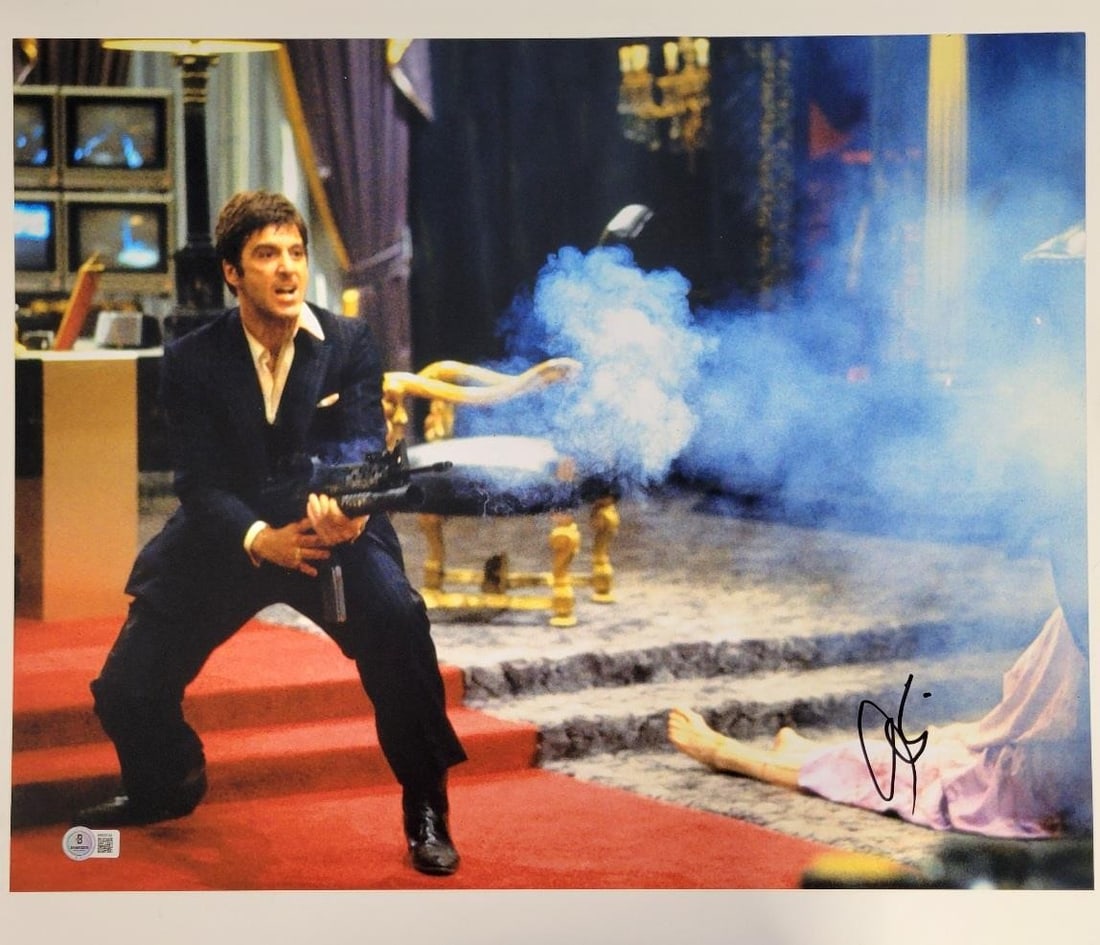Al Pacino Autographed Scarface 16x20 Photo Beckett Certified: Al Pacino Autographed Scarface 16x20 Photo Beckett Certified This original 16x20 photograph features Al Pacino as Tony Montana from the iconic movie Scarface. The photo is autographed by Al Pacino and