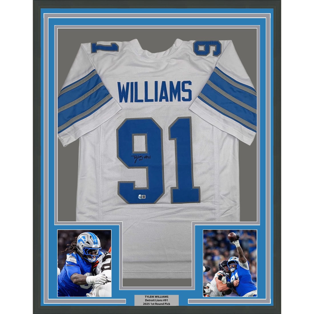 Tyleik Williams Signed Detroit Lions White Jersey in 35x39 Frame with Beckett COA: Tyleik Williams Signed Detroit Lions White Jersey in 35x39 Frame with Beckett COA This professionally framed Detroit Lions white jersey features the authentic signature of Tyleik Williams. The display