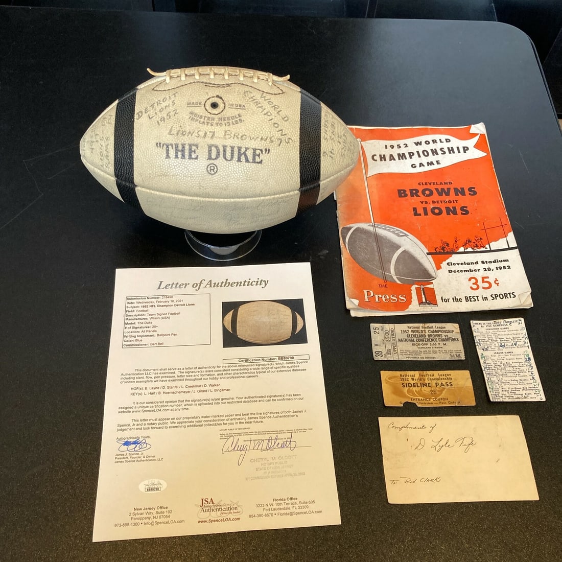1952 Detroit Lions Team Signed Football with JSA COA & Game Memorabilia: 1952 Detroit Lions Team Signed Football with JSA COA & Game Memorabilia Celebrate a piece of NFL history with this authentic 1952 Detroit Lions Championship football, signed by over 30 members of the 