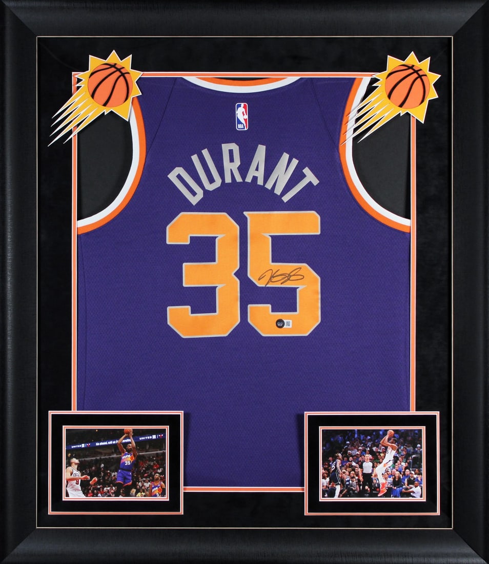 Kevin Durant Signed Purple Nike Icon Edition Framed Jersey BAS Witnessed: Kevin Durant Signed Purple Nike Icon Edition Framed Jersey BAS Witnessed This is a stunning Purple Nike Icon Edition Framed Jersey personally signed by Kevin Durant of the Phoenix Suns. The jersey is 