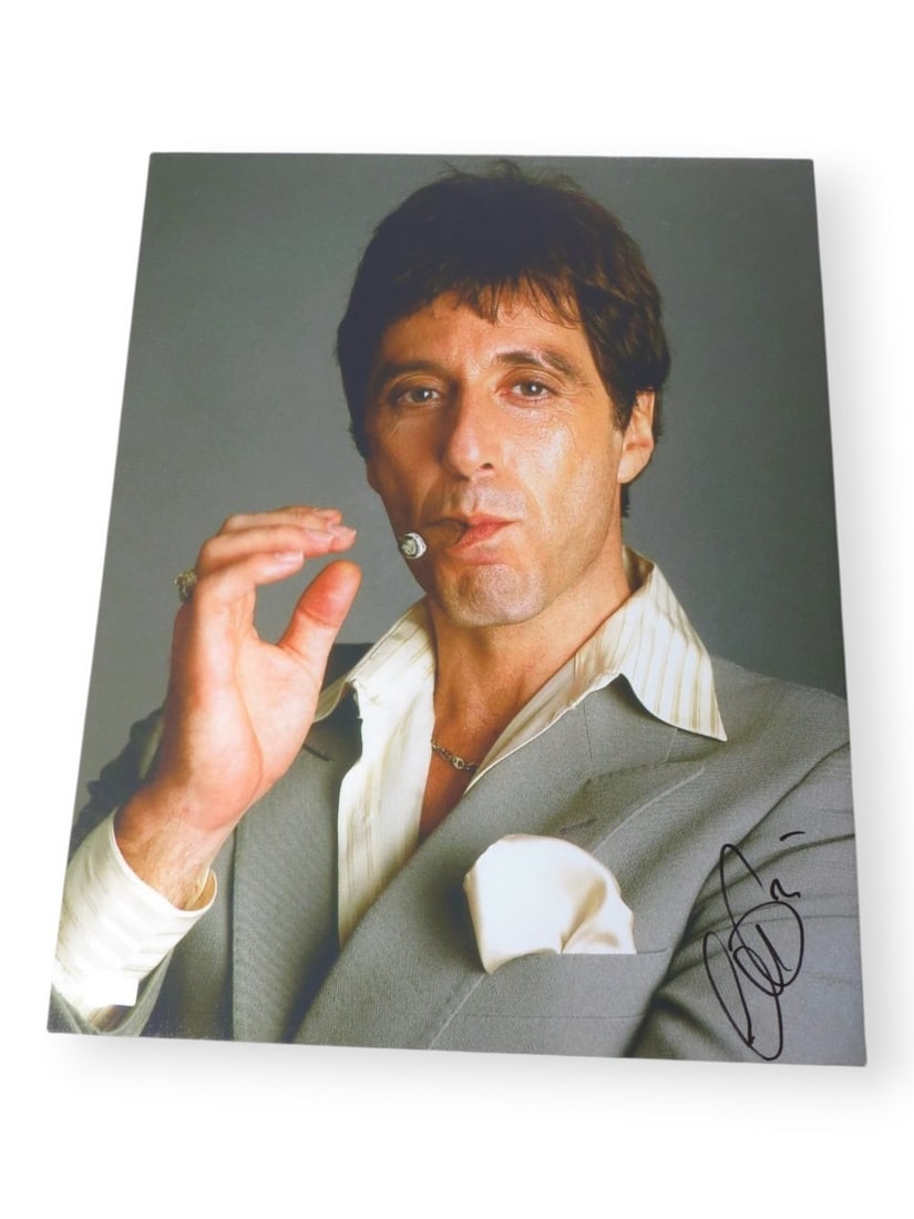 Beckett Authenticated Al Pacino Signed Scarface 16X20 Canvas Photograph: Beckett Authenticated Al Pacino Signed Scarface 16X20 Canvas Photograph Autographed 16x20 canvas photo featuring Al Pacino in a Scarface cigar pose. The canvas is professionally mounted and ready for 