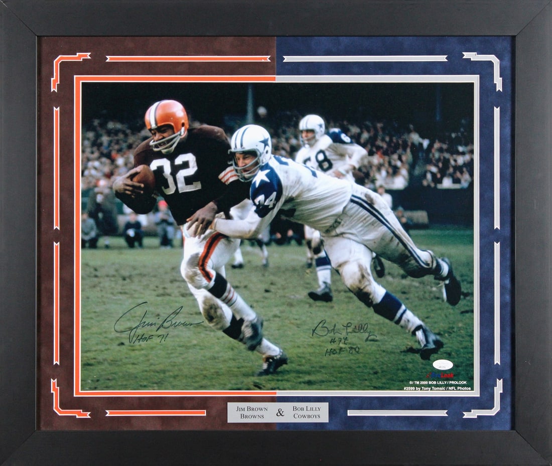 Framed 16x20 photo signed by Jim Brown and Bob Lilly JSA authenticated: Framed 16x20 photo signed by Jim Brown and Bob Lilly JSA authenticated Original autographed framed photo signed by Jim Brown and Bob Lilly, featuring the inscriptions "HOF 71" and "HOF 80." The piece 