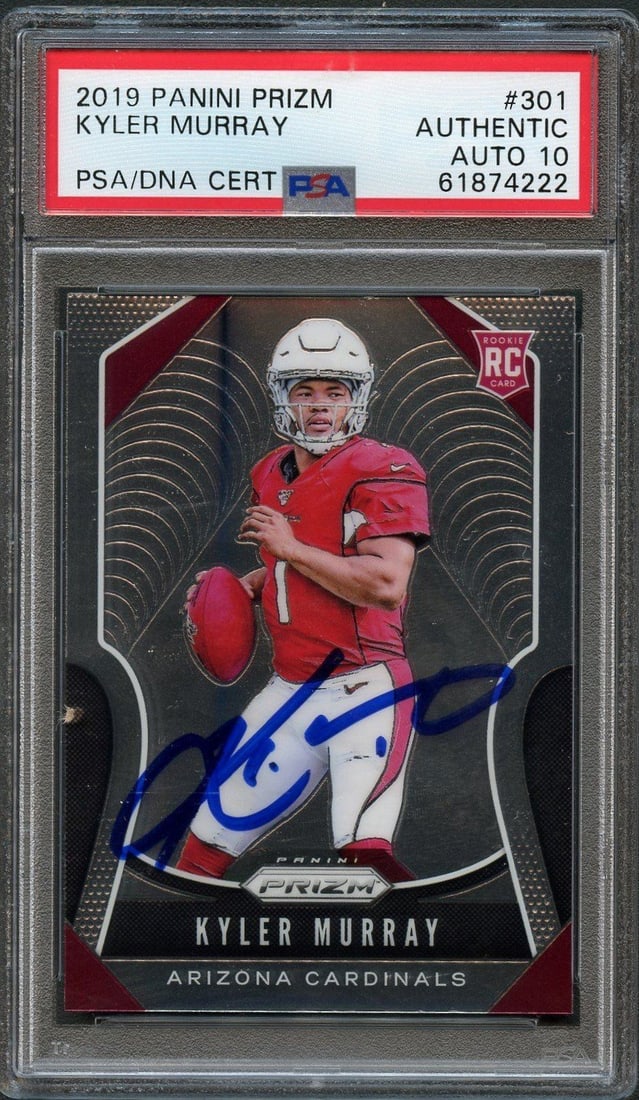 Kyler Murray 2019 Panini Prizm Rookie Auto PSA Authenticated Card #301: Kyler Murray 2019 Panini Prizm Rookie Auto PSA Authenticated Card #301 This is a 2019 Panini Prizm #301 football trading card featuring Kyler Murray. The card is autographed by Kyler Murray and has be