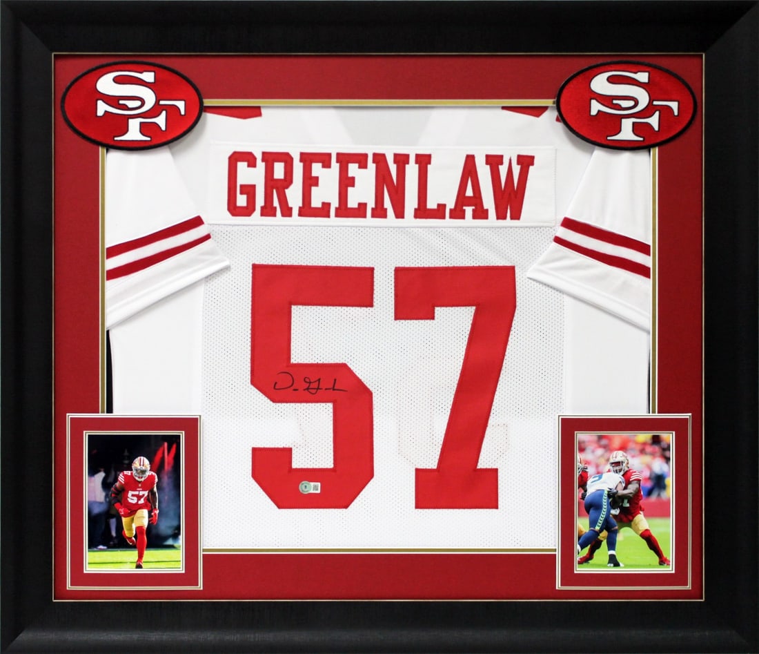 Framed White Pro Style Jersey Signed by Dre Greenlaw BAS Beckett: Framed White Pro Style Jersey Signed by Dre Greenlaw BAS Beckett This autographed white pro style framed jersey has been personally signed by Dre Greenlaw of the San Francisco 49ers. It is an original
