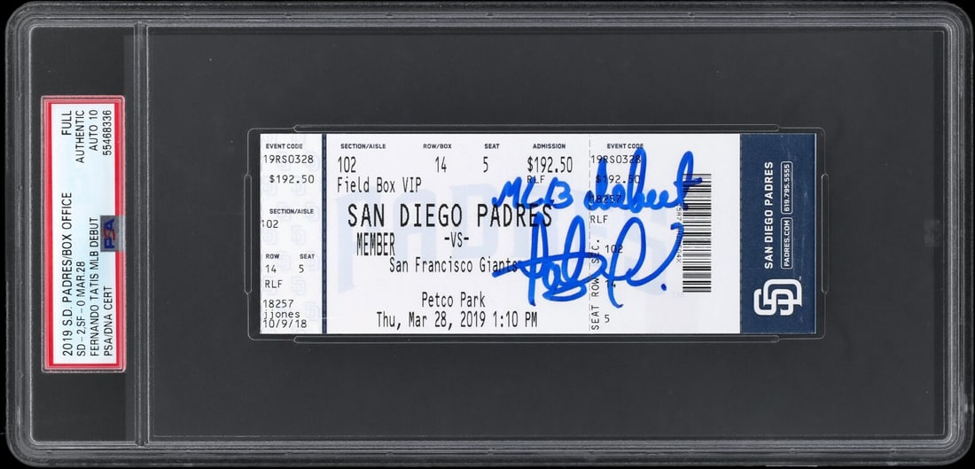Fernando Tatis Jr. Signed Inscribed MLB Debut Full Ticket PSA/DNA GEM MT 10 (1 of 2)