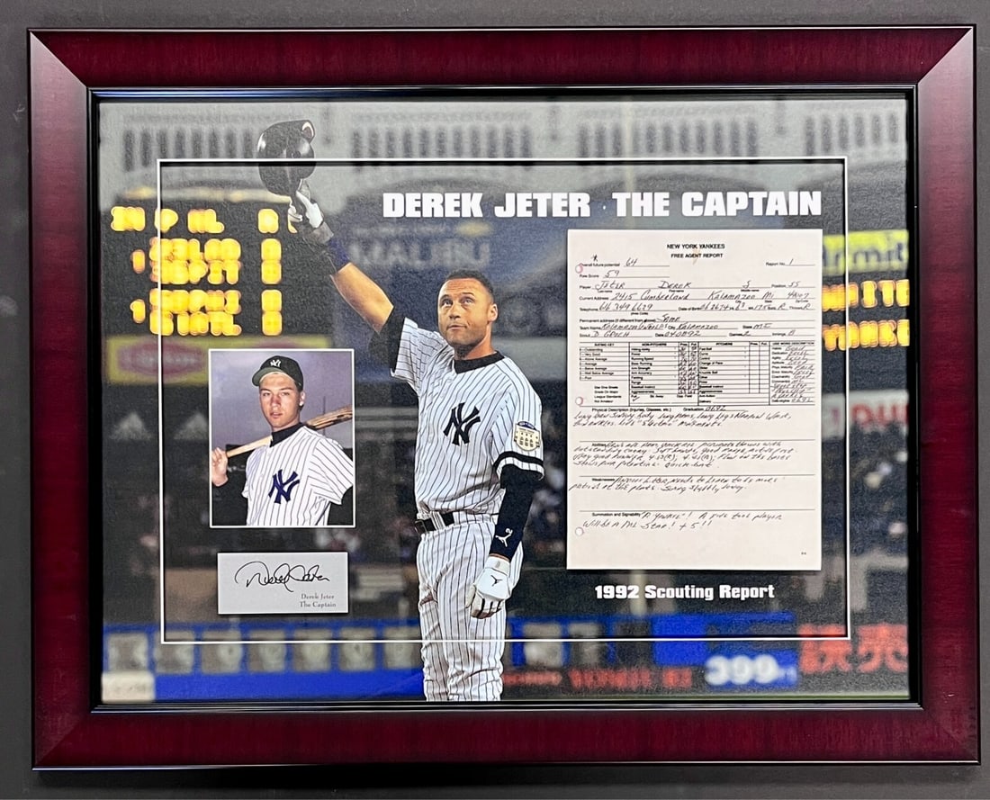 Derek Jeter Laser Engraved Framed 1992 Scouting Report Display - Reproduction: Derek Jeter Laser Engraved Framed 1992 Scouting Report Display - Reproduction Celebrate the legacy of baseball legend Derek Jeter with this stunning Laser Engraved custom framed display. This item sho