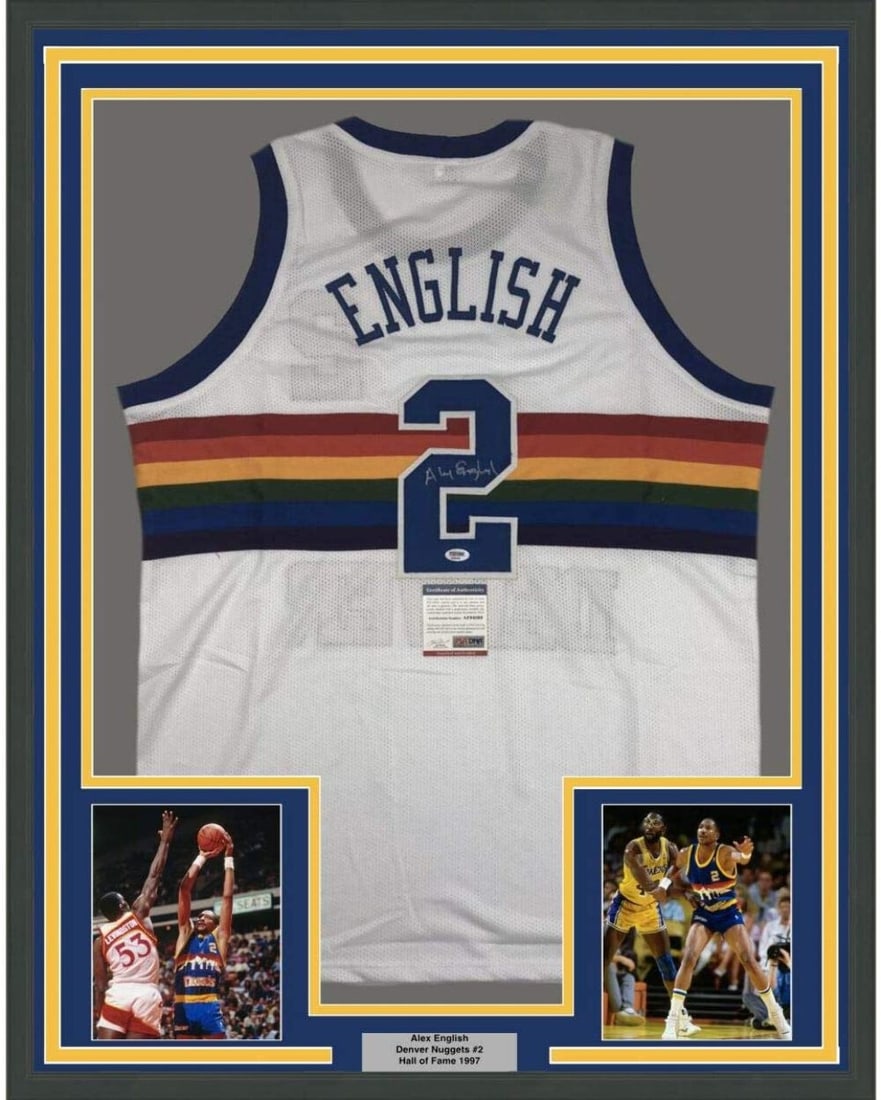 Framed Alex English Signed Denver Nuggets Jersey PSA DNA COA: Framed Alex English Signed Denver Nuggets Jersey PSA DNA COA This professionally framed and matted Denver Nuggets white jersey features the authentic autograph of Alex English. The display includes tw