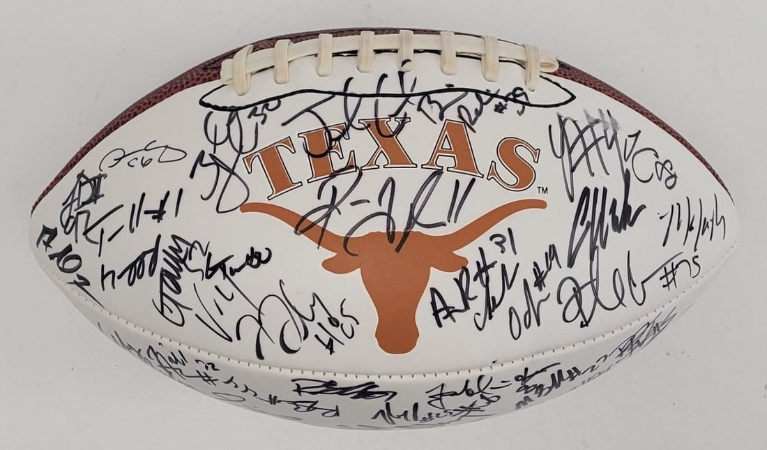 Texas Longhorns 2005 championship signed football 40 plus autographs JSA: Texas Longhorns 2005 championship signed football 40 plus autographs JSA This football has been signed by over 40 members of the 2005 Texas Longhorns National Championship team. Notable signatures inc