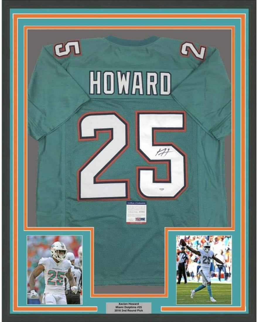 Framed Xavien Howard autographed Miami Dolphins jersey PSA DNA COA 33x42: Framed Xavien Howard autographed Miami Dolphins jersey PSA DNA COA 33x42 This professionally framed and matted Miami Dolphins teal jersey is autographed by NFL player Xavien Howard. The display includ