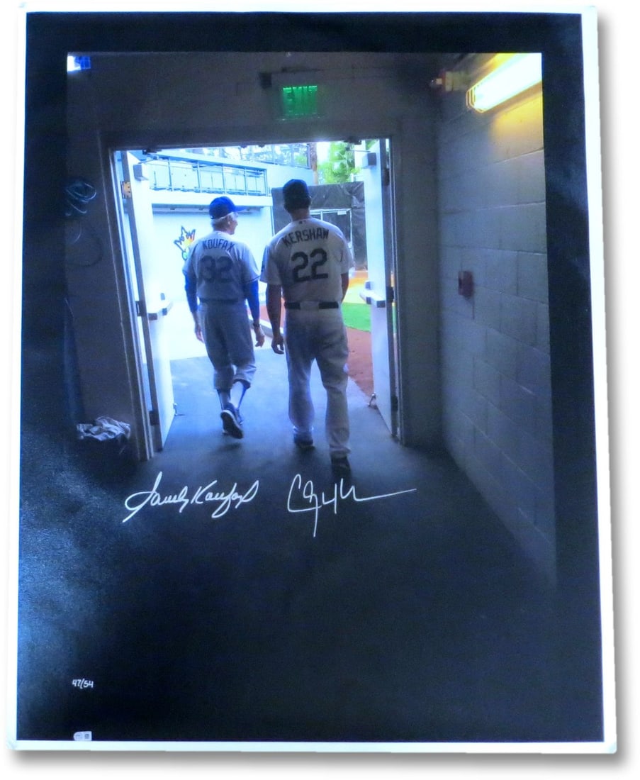 Sandy Koufax Clayton Kershaw Autographed Canvas Dodgers #/54 MLB Authenticated: Sandy Koufax Clayton Kershaw Autographed Canvas Dodgers #/54 MLB Authenticated This stunning 27" x 35" canvas features the autographs of baseball legends Sandy Koufax and Clayton Kershaw, both iconic 