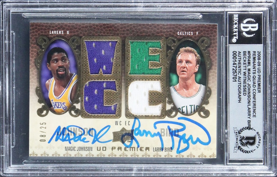 Magic Johnson Larry Bird Signed 2008 UD Premier Card 8/25 Gem Mint 10 Beckett: Magic Johnson Larry Bird Signed 2008 UD Premier Card 8/25 Gem Mint 10 Beckett This 2008 Upper Deck Premier Remnants Quad Conference #PR4ML card, numbered 8/25, features the signatures of basketball le