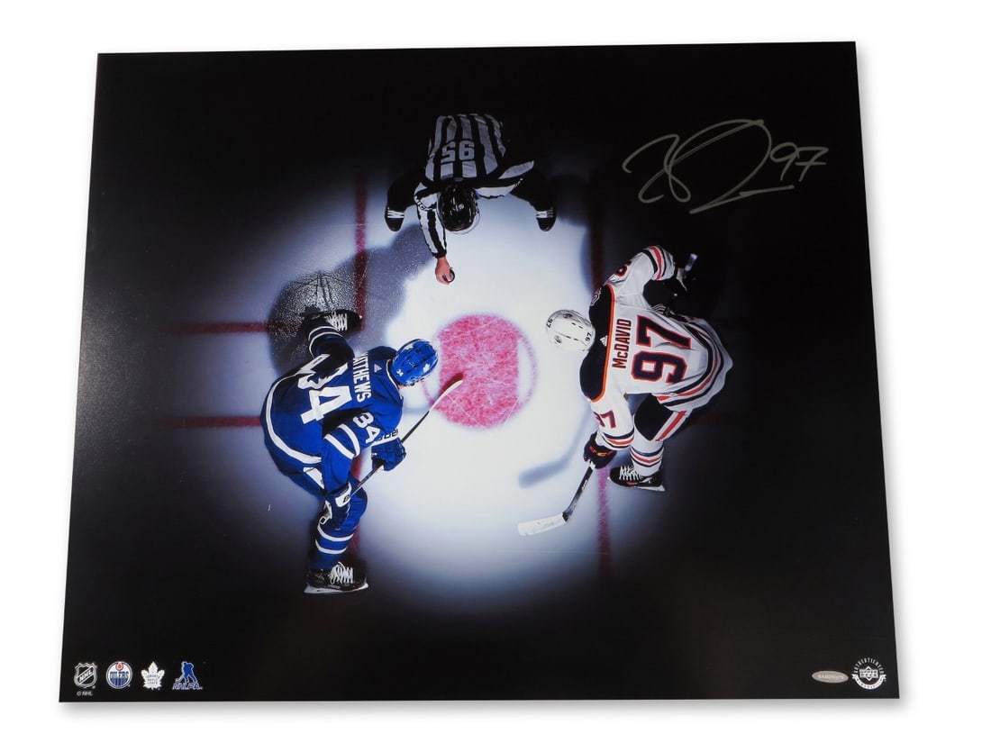 Upper Deck Authenticated Connor McDavid Signed 20X24 Oilers Photo: Upper Deck Authenticated Connor McDavid Signed 20X24 Oilers Photo This is an original 20x24 photo autographed by Connor McDavid of the Edmonton Oilers, featuring the "Faceoff/Matthews" moment. The sig