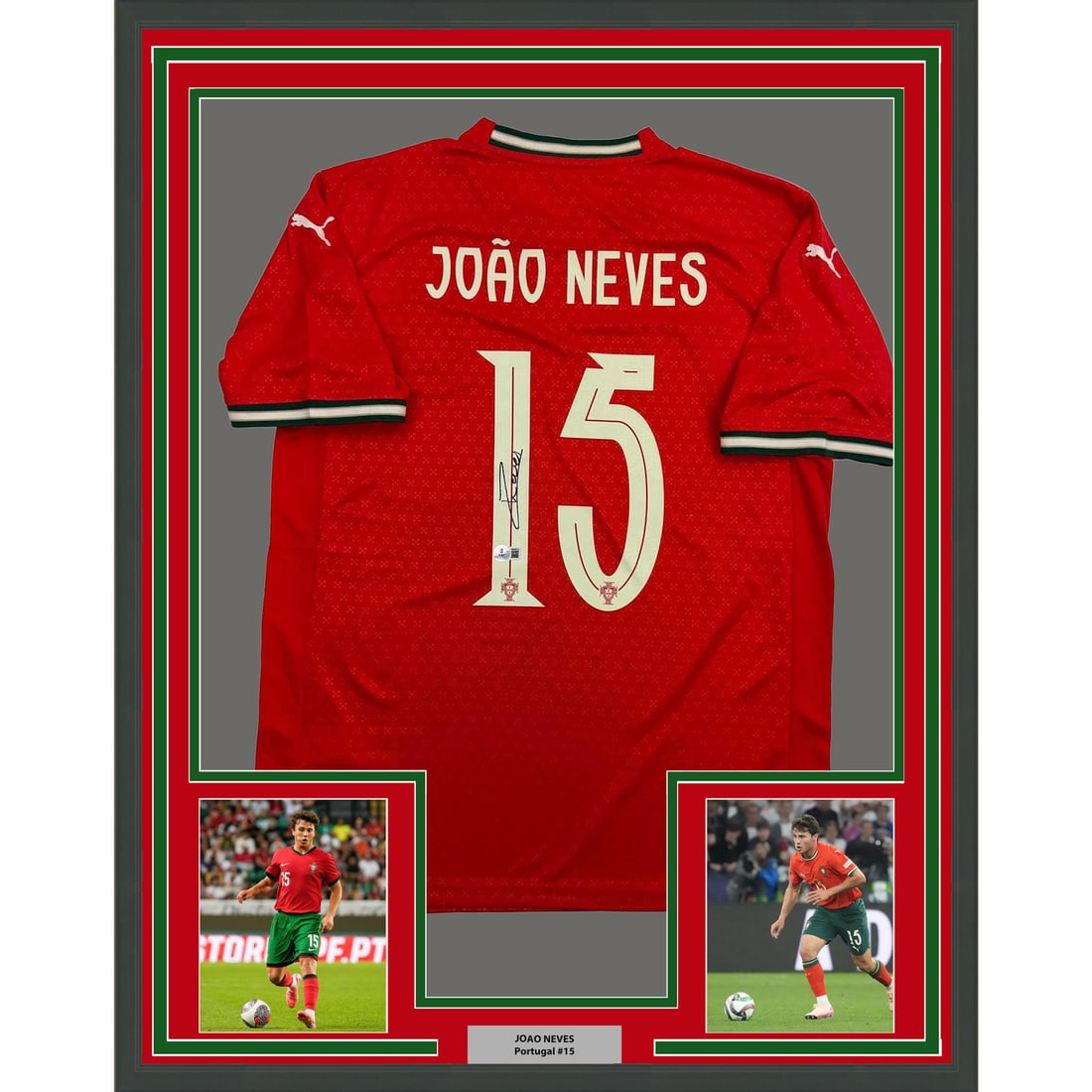 Joao Neves Signed Portugal Jersey Framed 35x39 With Photos JSA Authenticated: Joao Neves Signed Portugal Jersey Framed 35x39 With Photos JSA Authenticated This framed Portugal soccer jersey is autographed by Joao Neves and comes with authentication from James Spence Authenticat
