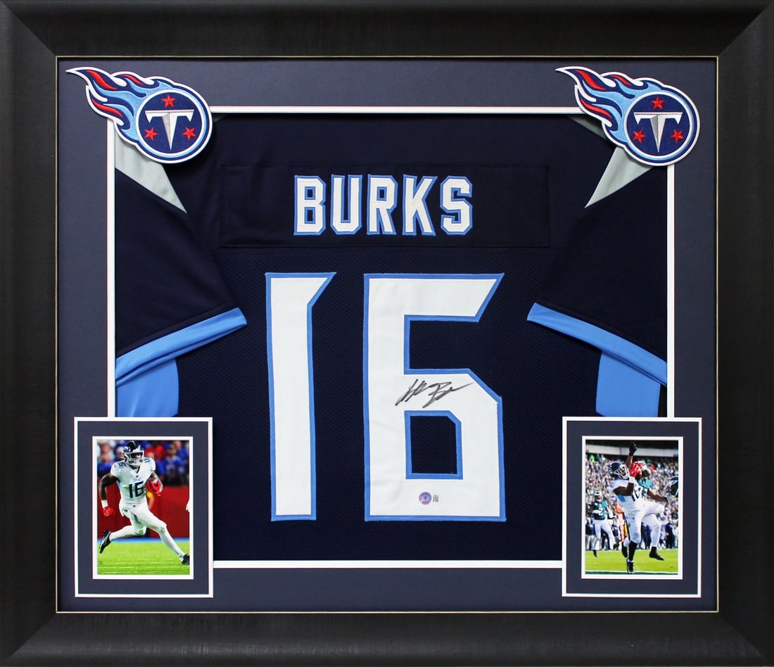 Treylon Burks Signed Navy Blue Pro Style Framed Jersey Beckett Authenticated: Treylon Burks Signed Navy Blue Pro Style Framed Jersey Beckett Authenticated Celebrate your fandom with this authentic navy blue pro style framed jersey, personally signed by Treylon Burks of the Tenn