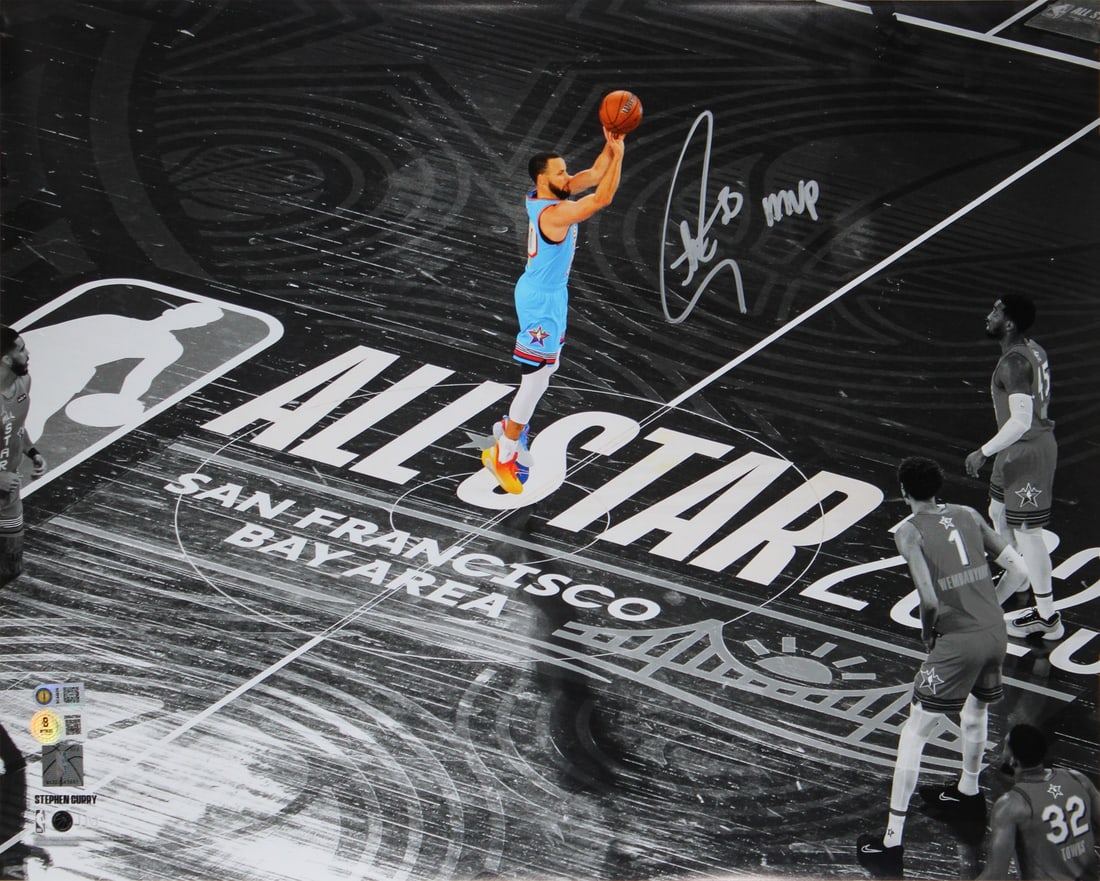 Stephen Curry Signed 2025 All Star Game 16x20 Photo MVP Inscription BAS: Stephen Curry Signed 2025 All Star Game 16x20 Photo MVP Inscription BAS Autographed 2025 All Star Game Spotlight photo of Stephen Curry featuring the inscription "MVP." This original horizontal 16x20 
