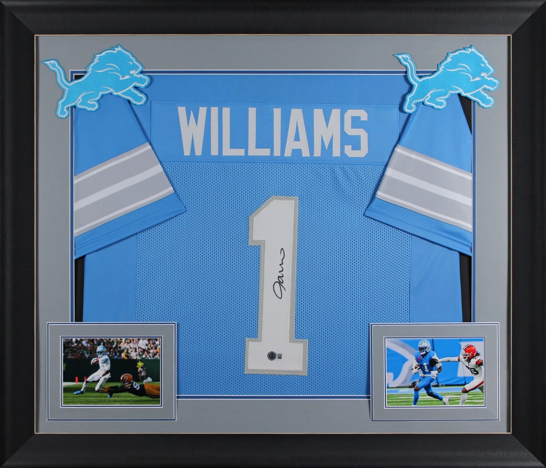 Jameson Williams Signed Blue Detroit Lions Framed Jersey BAS Witnessed: Jameson Williams Signed Blue Detroit Lions Framed Jersey BAS Witnessed This authentic blue pro style framed jersey has been personally signed by Jameson Williams of the Detroit Lions. It features a un