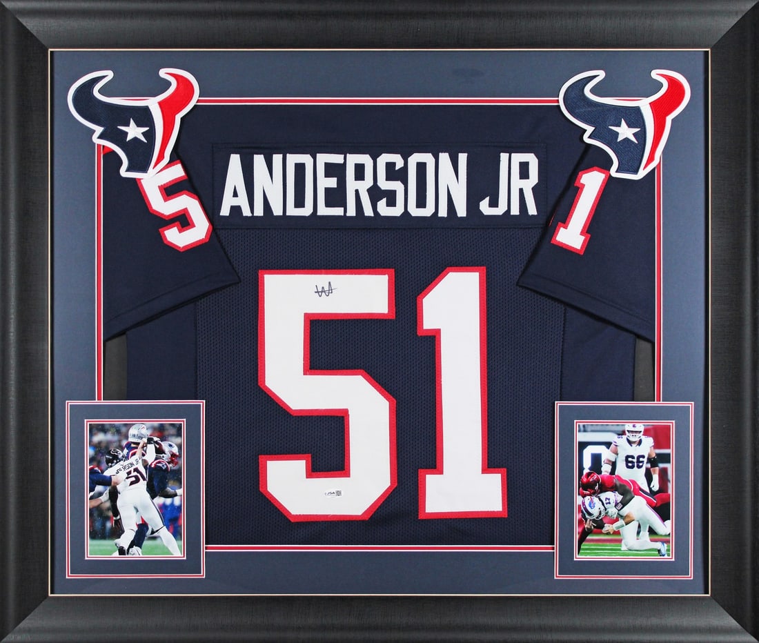 Framed Navy Pro Style Jersey Signed by Will Anderson JSA: Framed Navy Pro Style Jersey Signed by Will Anderson JSA Autographed navy pro style framed jersey personally signed by Will Anderson Jr. of the Houston Texans. The item is an original, professionally 