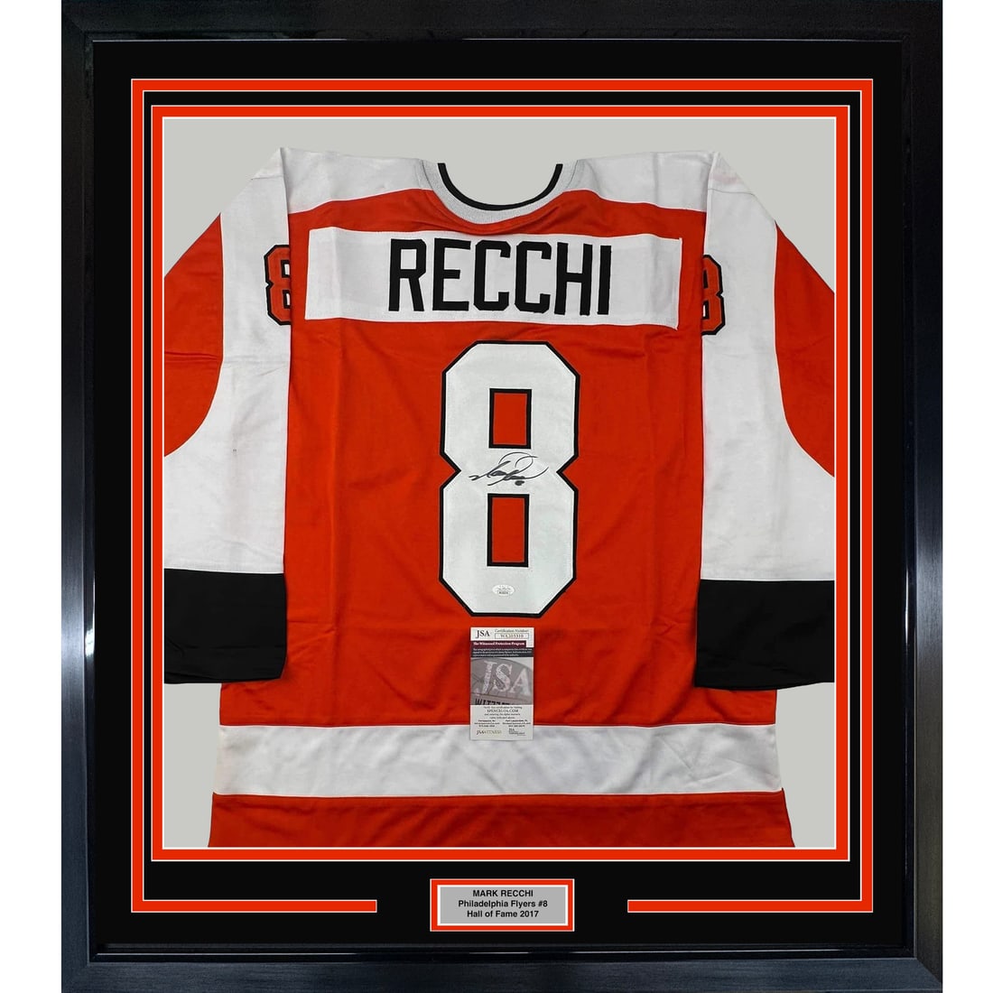 Framed Autographed Mark Recchi Philadelphia Flyers Jersey with JSA COA: Framed Autographed Mark Recchi Philadelphia Flyers Jersey with JSA COA This professionally framed and matted display features an autographed Mark Recchi Philadelphia Flyers jersey, measuring 33x42 inc