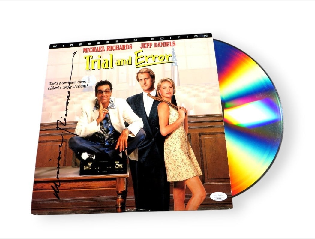 Michael Richards JSA Authenticated Signed Trial and Error Laserdisc Cover With Disc: Michael Richards JSA Authenticated Signed Trial and Error Laserdisc Cover With Disc This is an original Laserdisc cover for the film "Trial and Error," signed by Michael Richards. The autograph has be