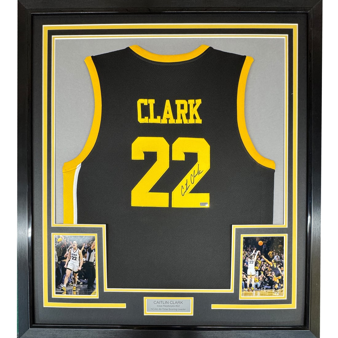 Caitlin Clark Signed Iowa Jersey Display 35x39 Panini Authenticated Framed: Caitlin Clark Signed Iowa Jersey Display 35x39 Panini Authenticated Framed This professionally framed and matted display features an autographed Caitlin Clark Iowa Hawkeyes black jersey. The frame inc