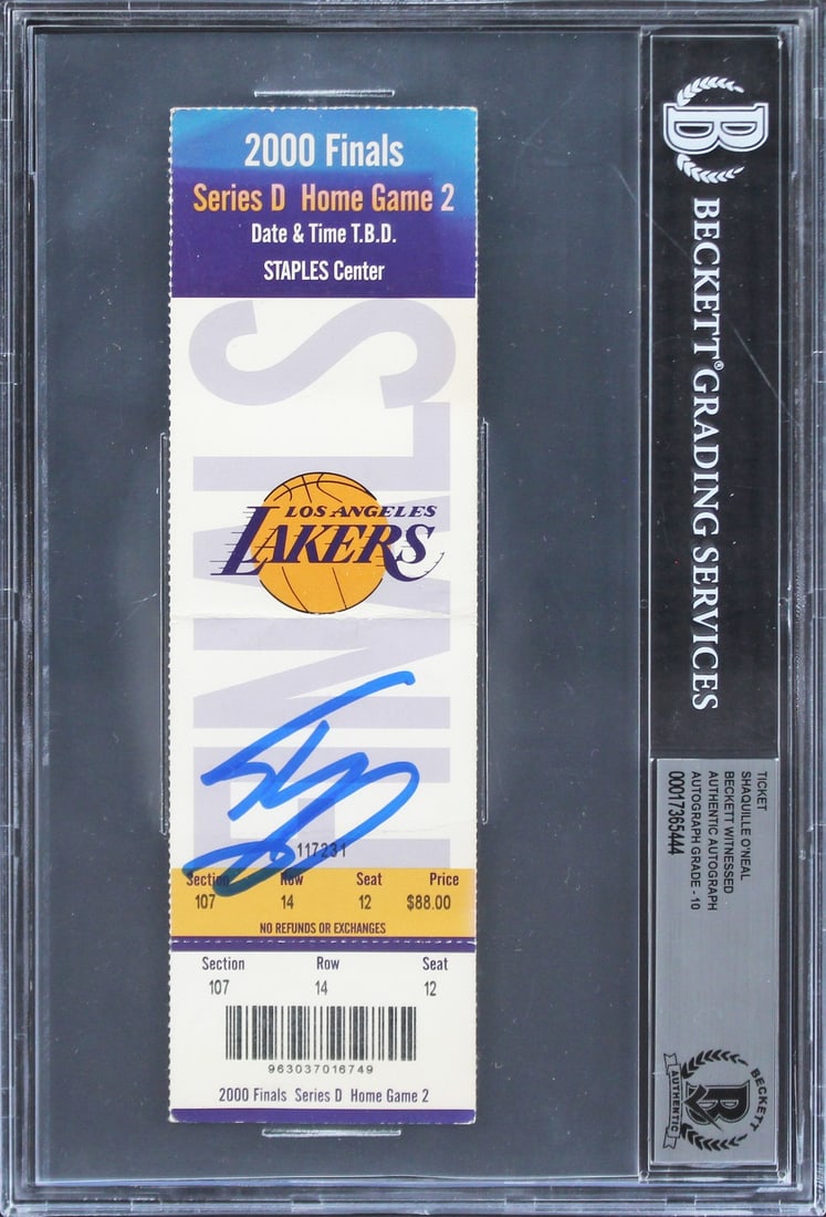 Shaquille O'Neal Signed 2000 NBA Finals Game 2 Ticket Gem Mint 10 Beckett: Shaquille O'Neal Signed 2000 NBA Finals Game 2 Ticket Gem Mint 10 Beckett Celebrate a historic moment in basketball history with this autographed ticket stub from Game 2 of the 2000 NBA Finals, person