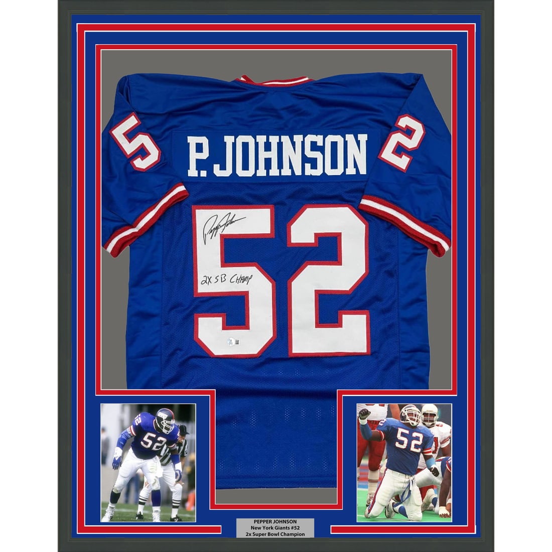 Framed Signed Pepper Johnson New York Giants Jersey with Beckett COA: Framed Signed Pepper Johnson New York Giants Jersey with Beckett COA Showcase your passion for football with this professionally framed and matted autographed Pepper Johnson New York Giants jersey. Me