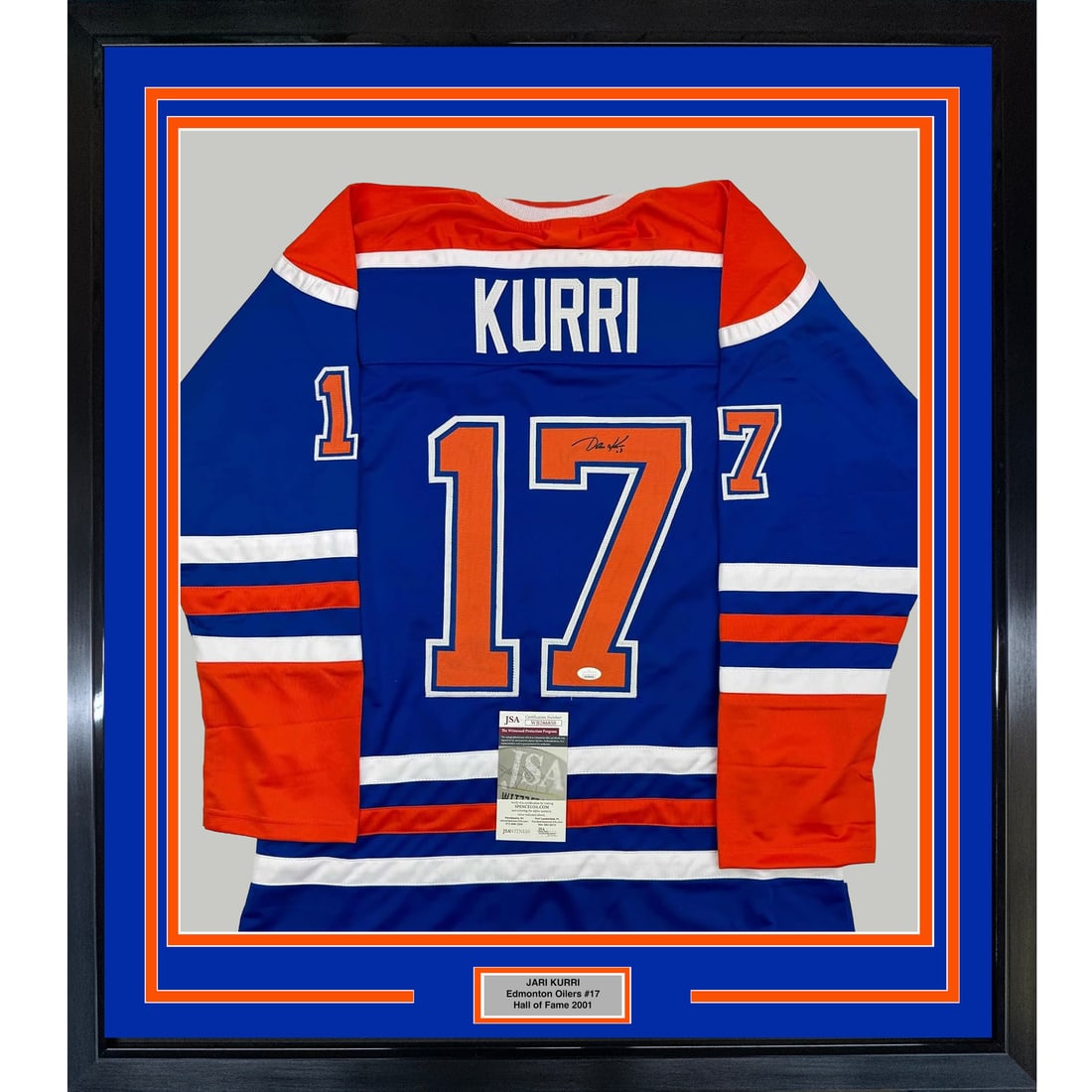 Framed Jari Kurri Autographed Jersey Edmonton Oilers JSA COA 35x39: Framed Jari Kurri Autographed Jersey Edmonton Oilers JSA COA 35x39 Celebrate the legacy of NHL superstar Jari Kurri with this professionally framed and matted autographed Edmonton Oilers jersey. Measu