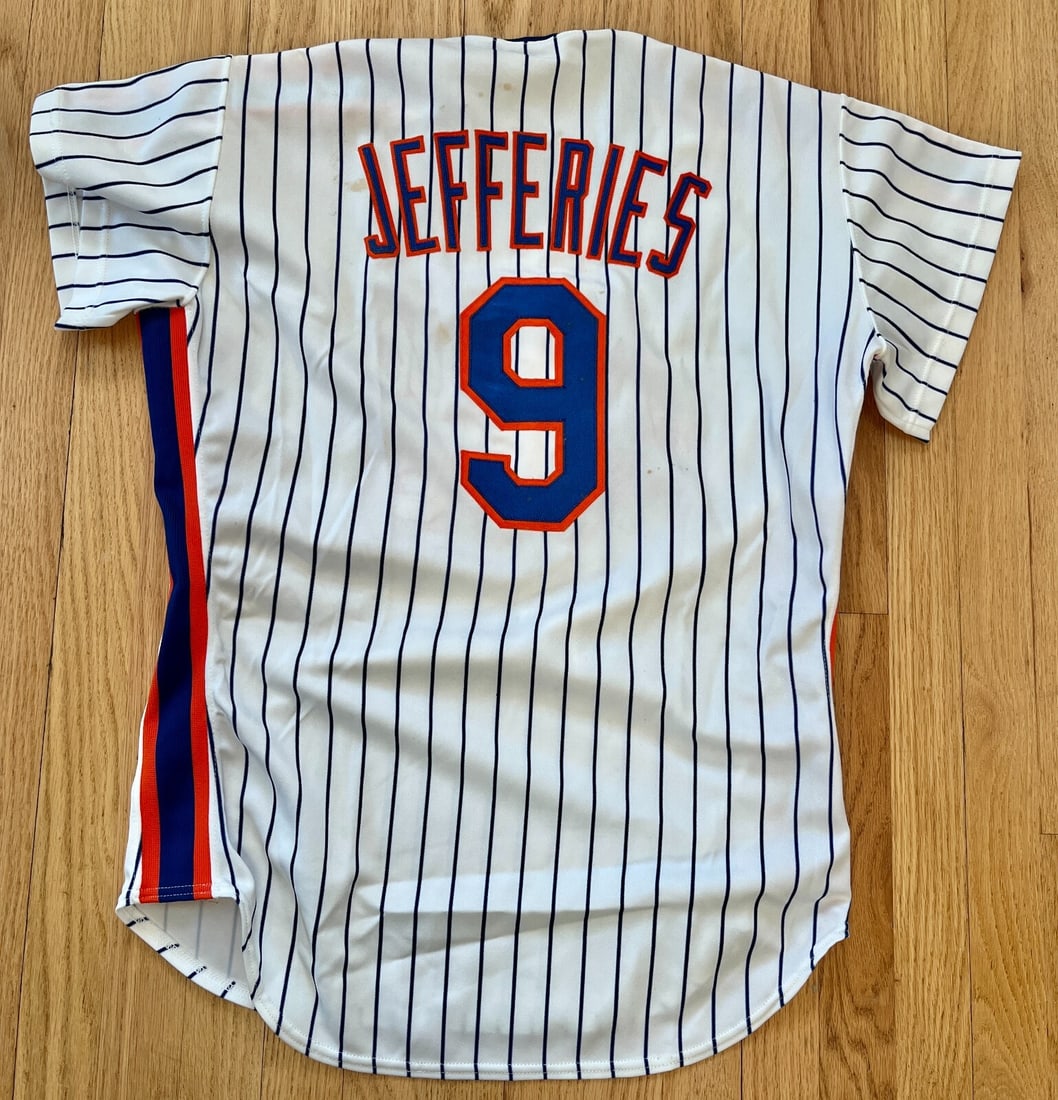 Gregg Jefferies 1990 Game Used Home Pinstripe Jersey New York Mets: Gregg Jefferies 1990 Game Used Home Pinstripe Jersey New York Mets This is a rare game-used home pinstripe jersey worn by Gregg Jefferies of the New York Mets during the 1990 regular season. The jerse