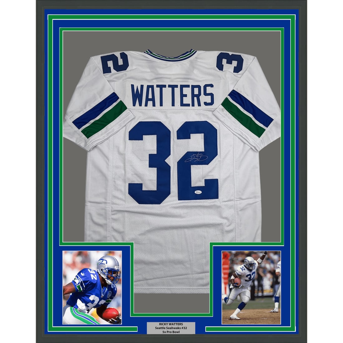 Ricky Watters Signed Seahawks Framed Jersey BAS COA 35x39: Ricky Watters Signed Seahawks Framed Jersey BAS COA 35x39 This professionally framed and matted Seattle Seahawks football jersey features an authentic autograph by Ricky Watters. The display includes 